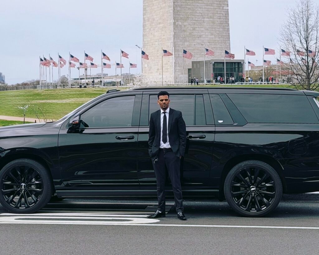 Luxury limo interior with leather seats and ambient lighting