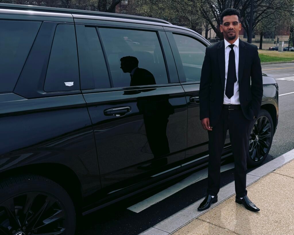 Luxury limo interior with leather seats and ambient lighting